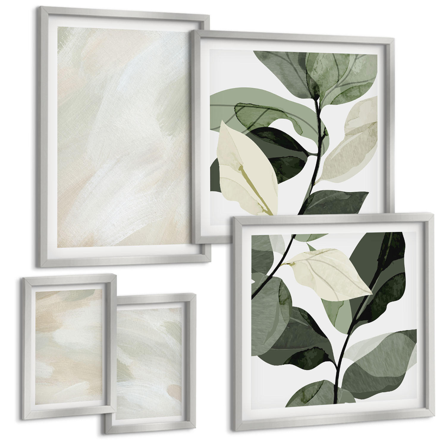 BILDER SET 5er Set - 50x50 cm & 20x30 cm & 40x60 cm Silberner Rahmen - Leuchtende, abstrakte Boho-Farben - Silberfarben, Kunststoff (40/60cm) - TULUP