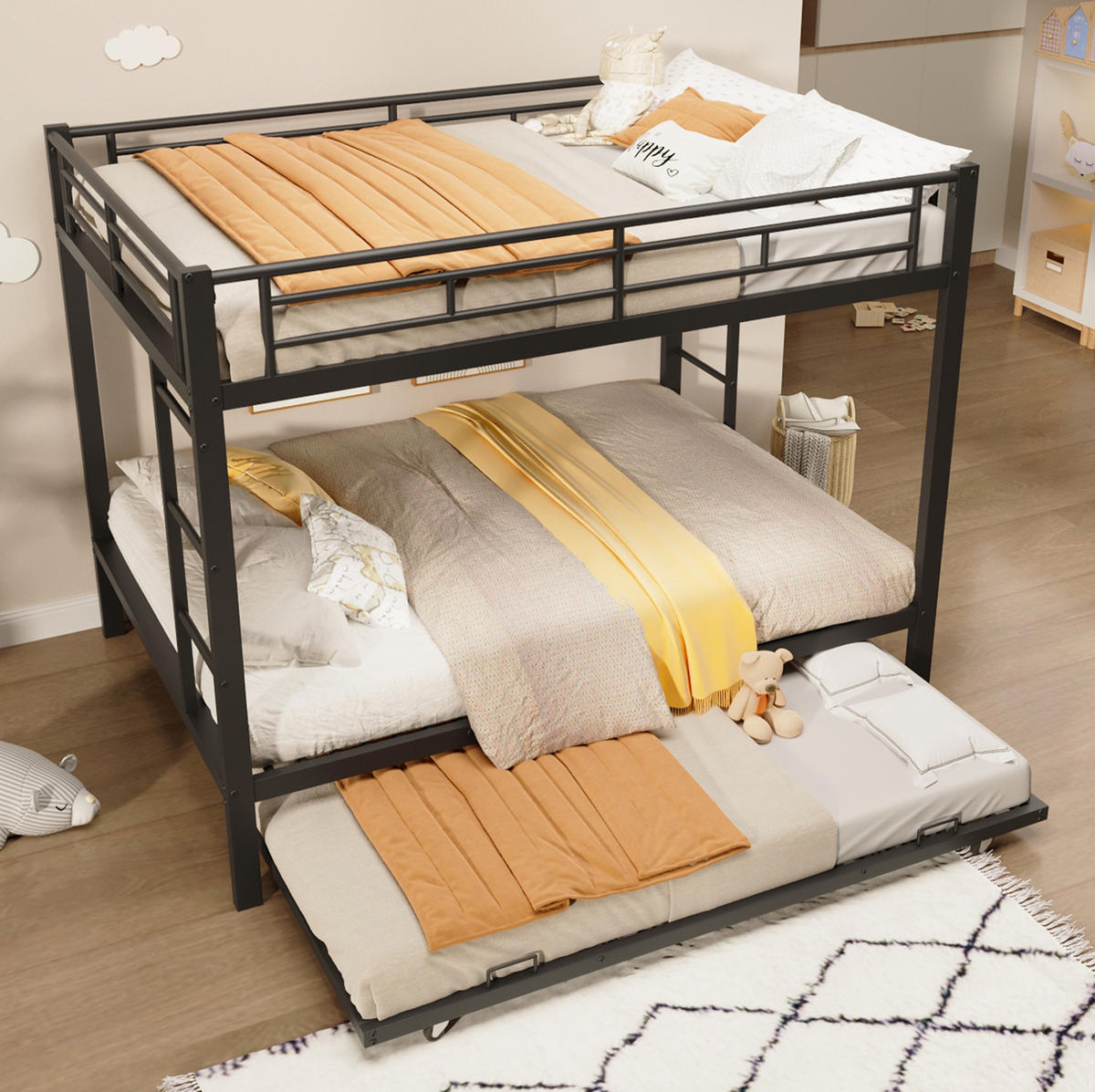 ETAGENBETT 140/200 cm aus Metall mit Ausziehbett und hohem Geländer Schwarz - Schwarz, Metall (140/200cm) - Modenvie