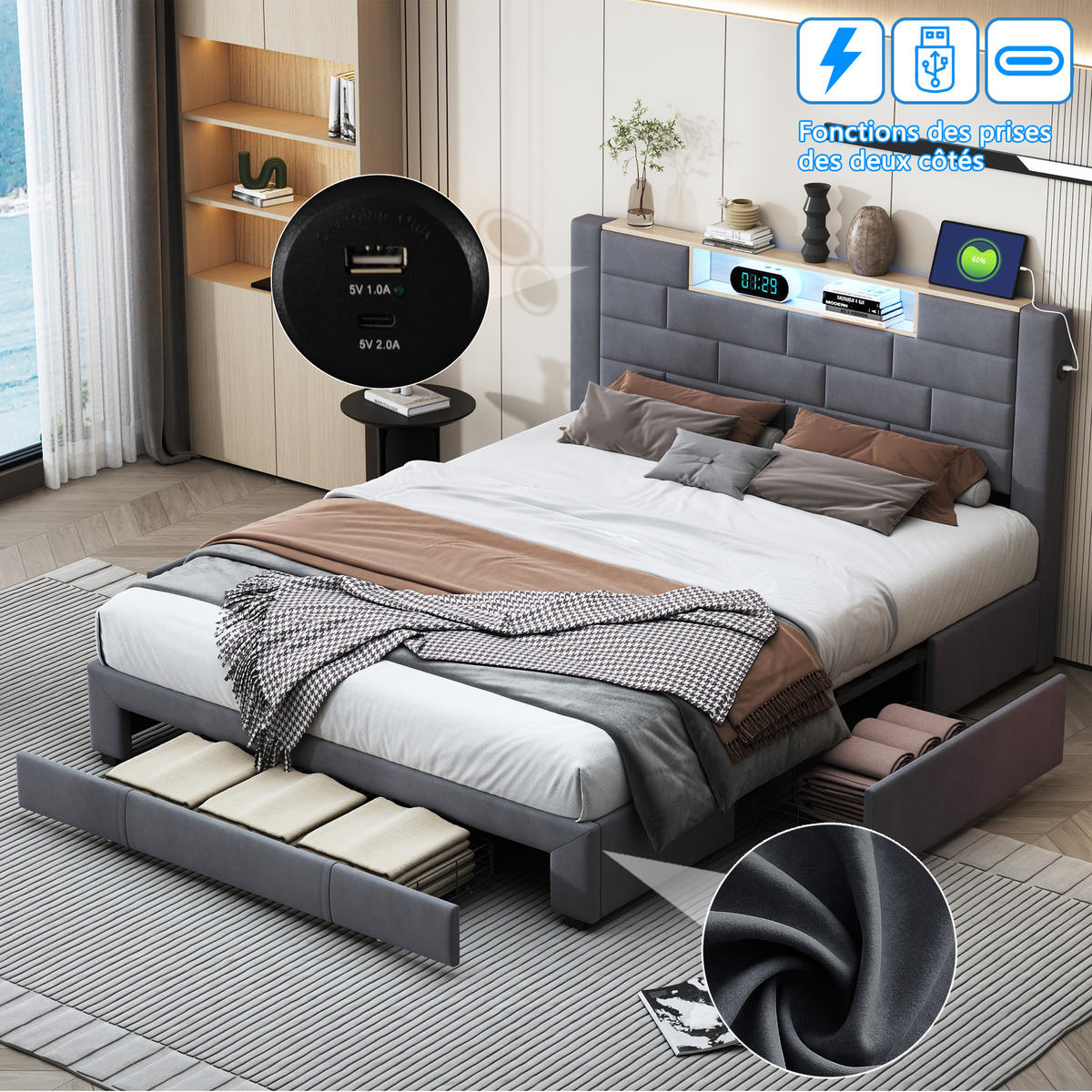 POLSTERBETT 160x200 cm mit LED, USB, Stauraum, Samt, Grau - Grau, Holz (160/200cm)