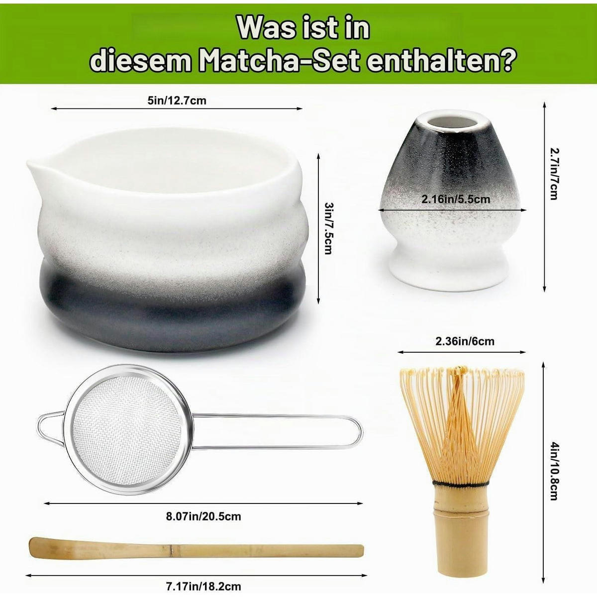 MATCHA Set 5-teiliges Set mit Schale, Besen und Löffel - Schwarz, Keramik (18.2/12.7/20.5cm)