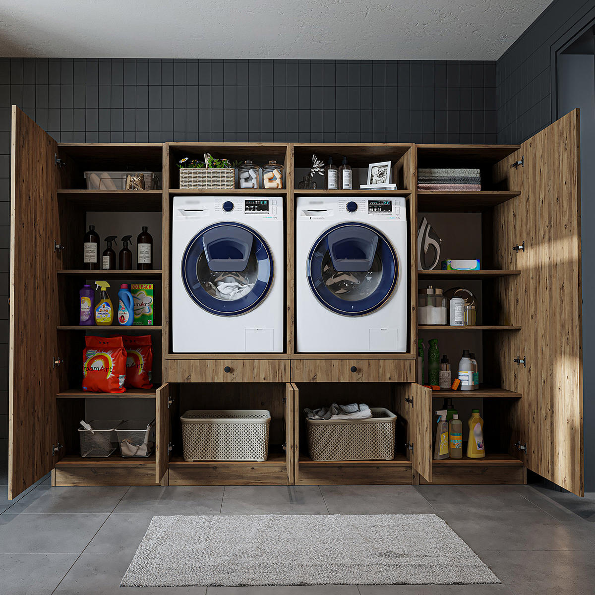WASCHMASCHINENSCHRANK Serie 1 254cm Breit, 184cm Hoch - Eichefarben, Holzwerkstoff (254/184/67cm)