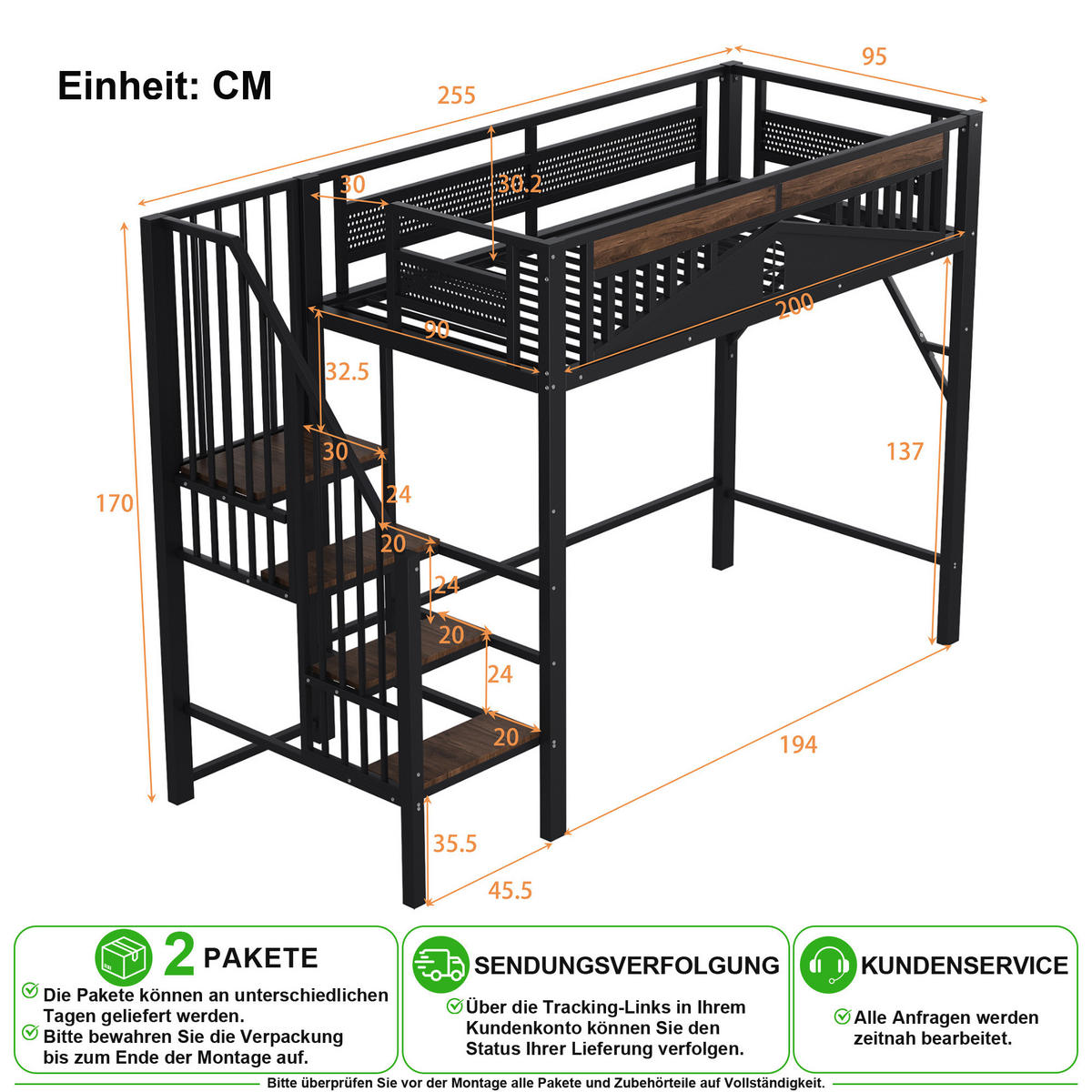 HOCHBETT 90/200 cm in Schwarz mit Stauraumleiter und Fensterdesign - Schwarz, Holzwerkstoff/Metall (90/200cm) - CHICFURN