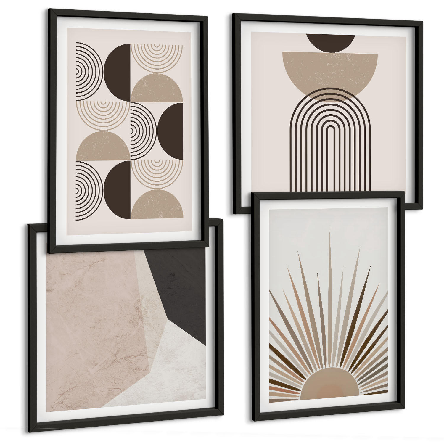 BILDER SET 4er Set - 50x50 cm & 40x60 cm Schwarzer Rahmen - Abstrakte beige und braune Formen - Schwarz, Kunststoff (50/50cm) - TULUP
