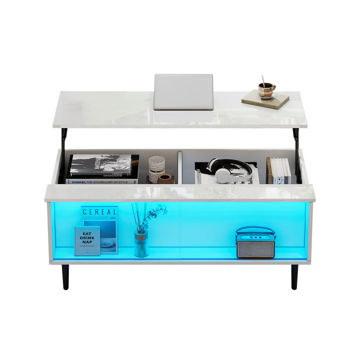 COUCHTISCH 105x50cm Weiß Höhenverstellbar LED Versteckter Stauraum Glas - Weiß, Holz (114.3/59.51/16.03cm) - FLIEKS