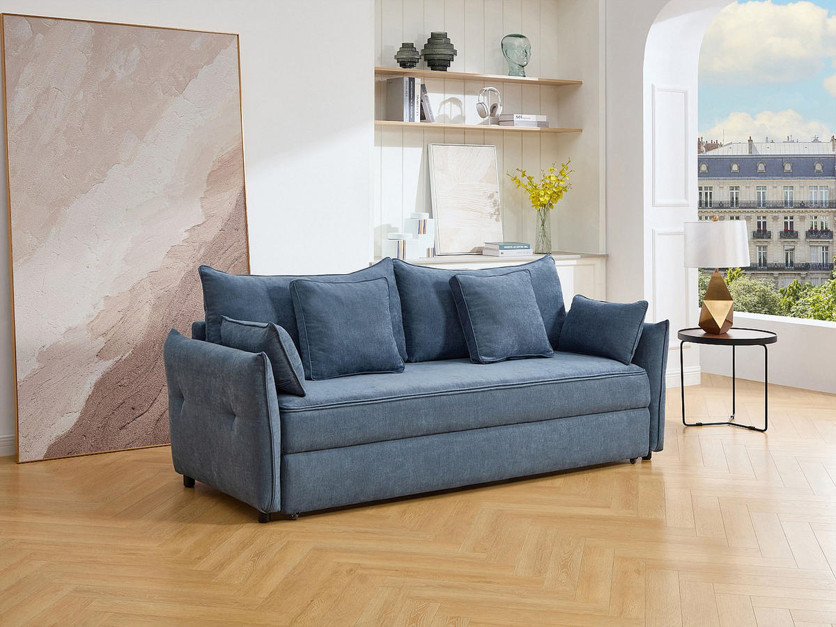 3-SITZER-SCHLAFSOFA aus blauem Stoff mit Memory-Schaum-Sitz SITALA - Blau, Textil (220/92/87cm) - Vente-Unique