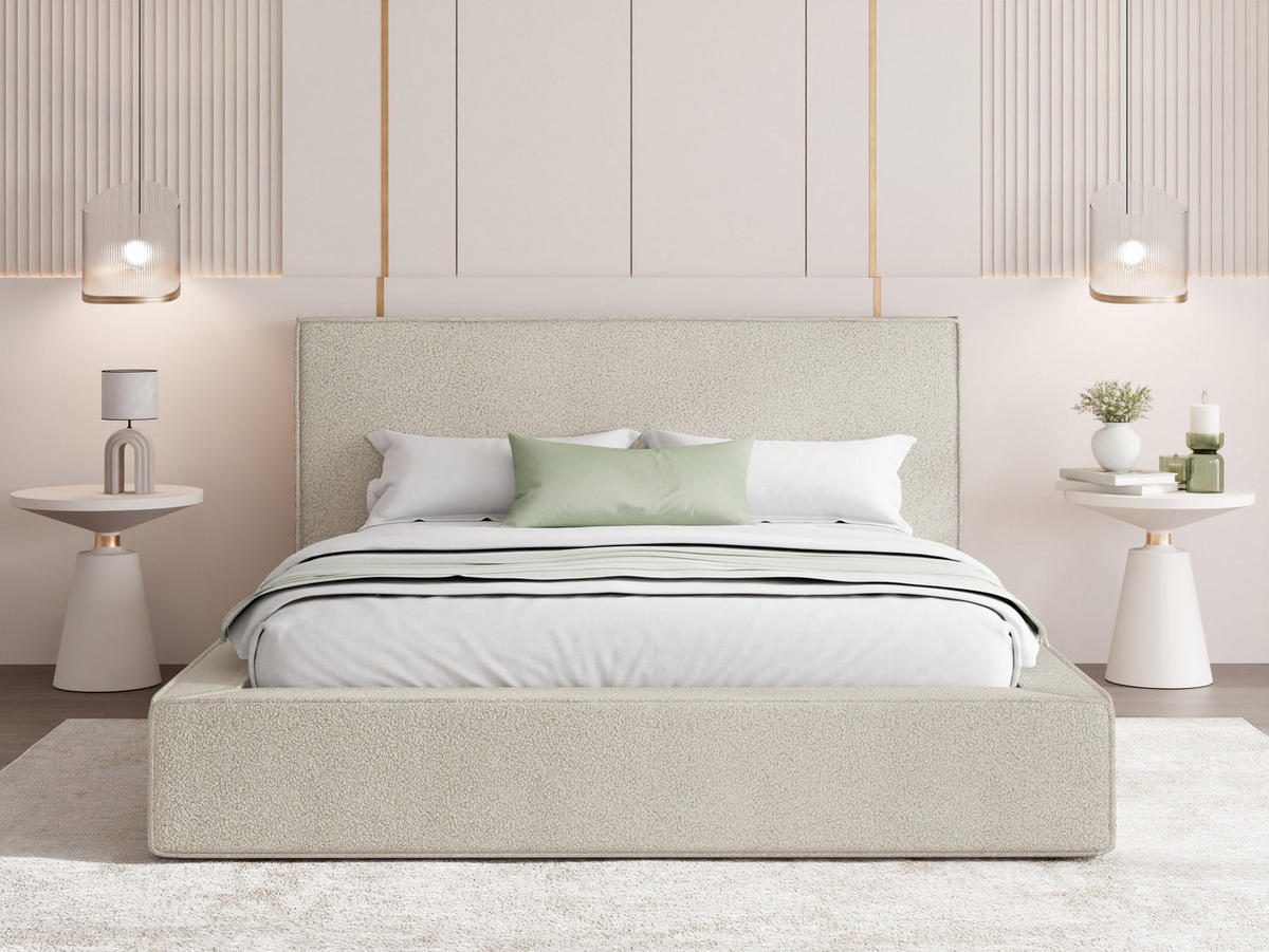 POLSTERBETT Merlin mit Bettkasten, Metall-Lattenrost & hohem Kopfteil in Creme Boucle 140x200 cm - Birkefarben/Creme, Kunststoff/Textil (140/200cm) - WFL GROUP