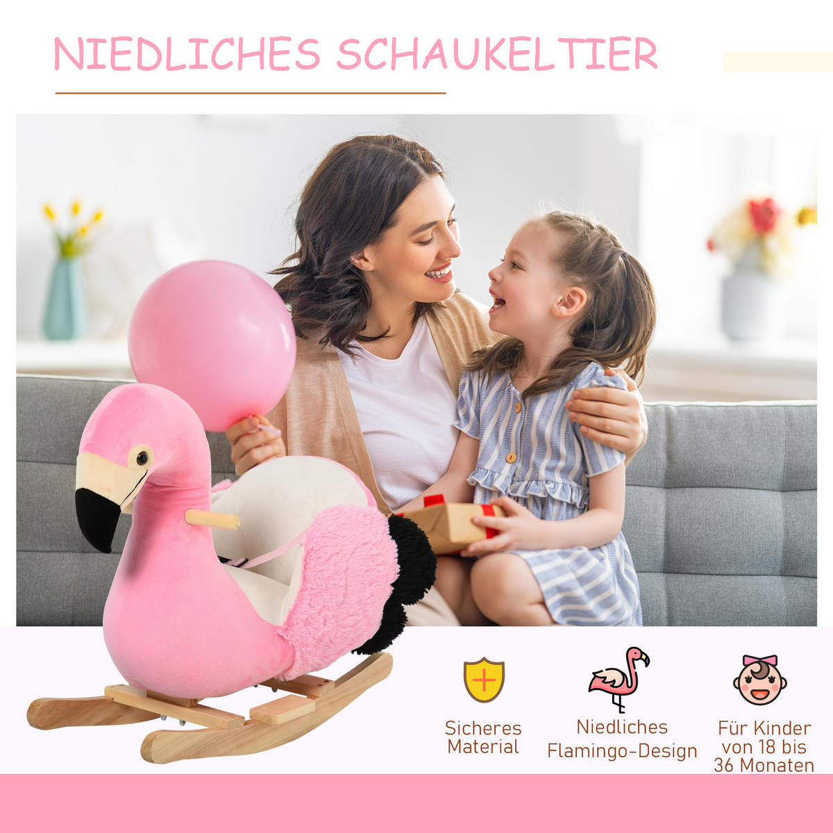 KINDER SCHAUKELTIER, Rosa, Plüsch+ Polypropylen - Rosa, Holz (33/52/60cm) - HOMCOM