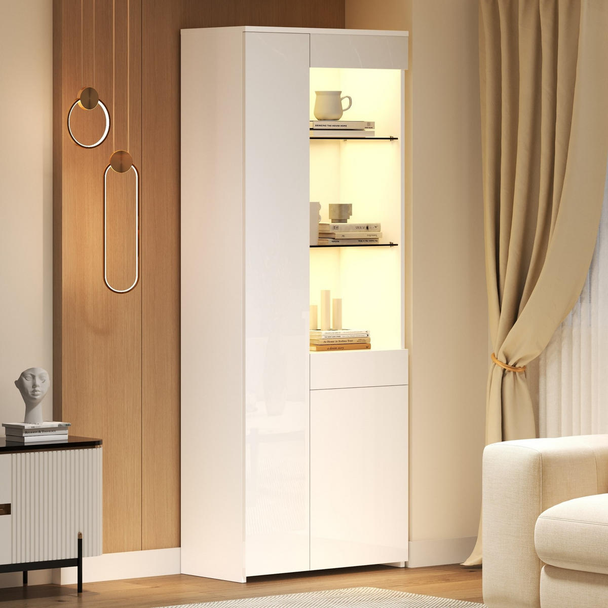 VITRINE 70/35/180 cm mit LED-Beleuchtung, App-Steuerung, Schublade und Hochglanzfront, Weiß - Weiß, Holzwerkstoff (70/180/35cm) - Redom
