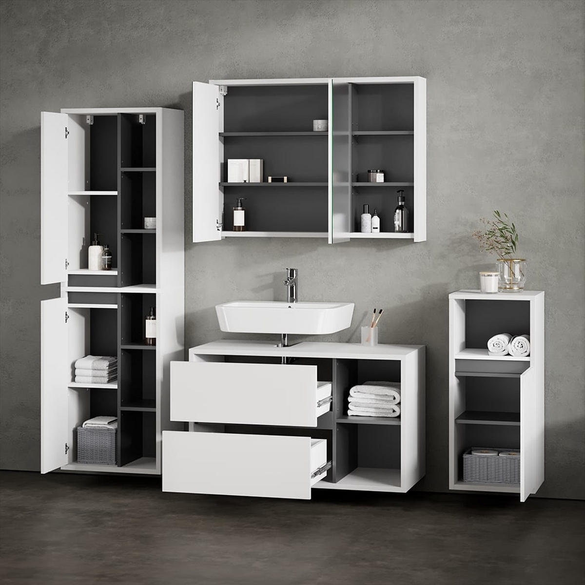 BADMÖBEL-SET Vomano Weiß 4 Teile - Anthrazit/Weiß, Holzwerkstoff (45/100/60cm) - Livinity®