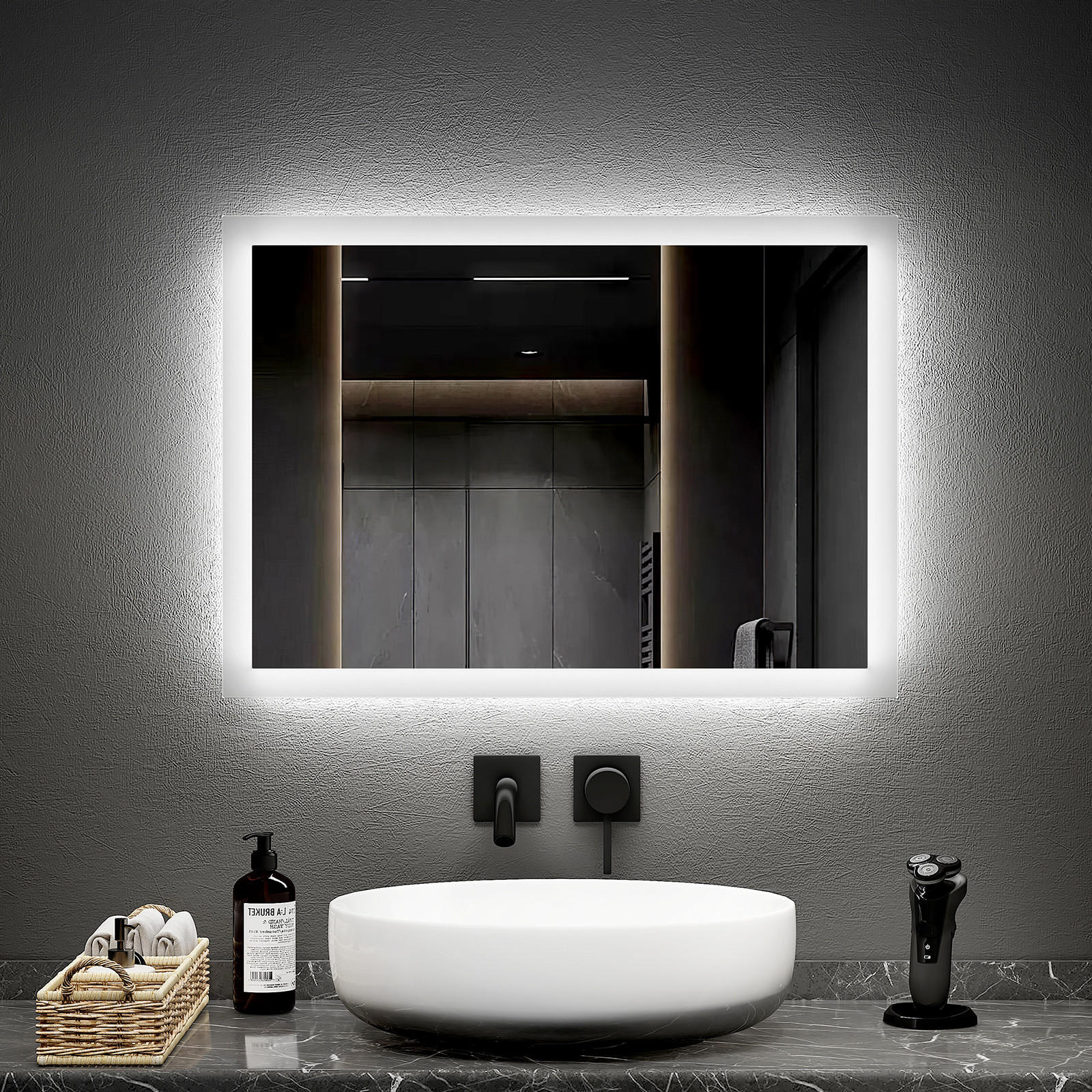 BADSPIEGEL mit Antibeschlag Beleuchtung 70/50/3,5 cm - Weiß, Glas (50/3.5/70cm) - EMKE