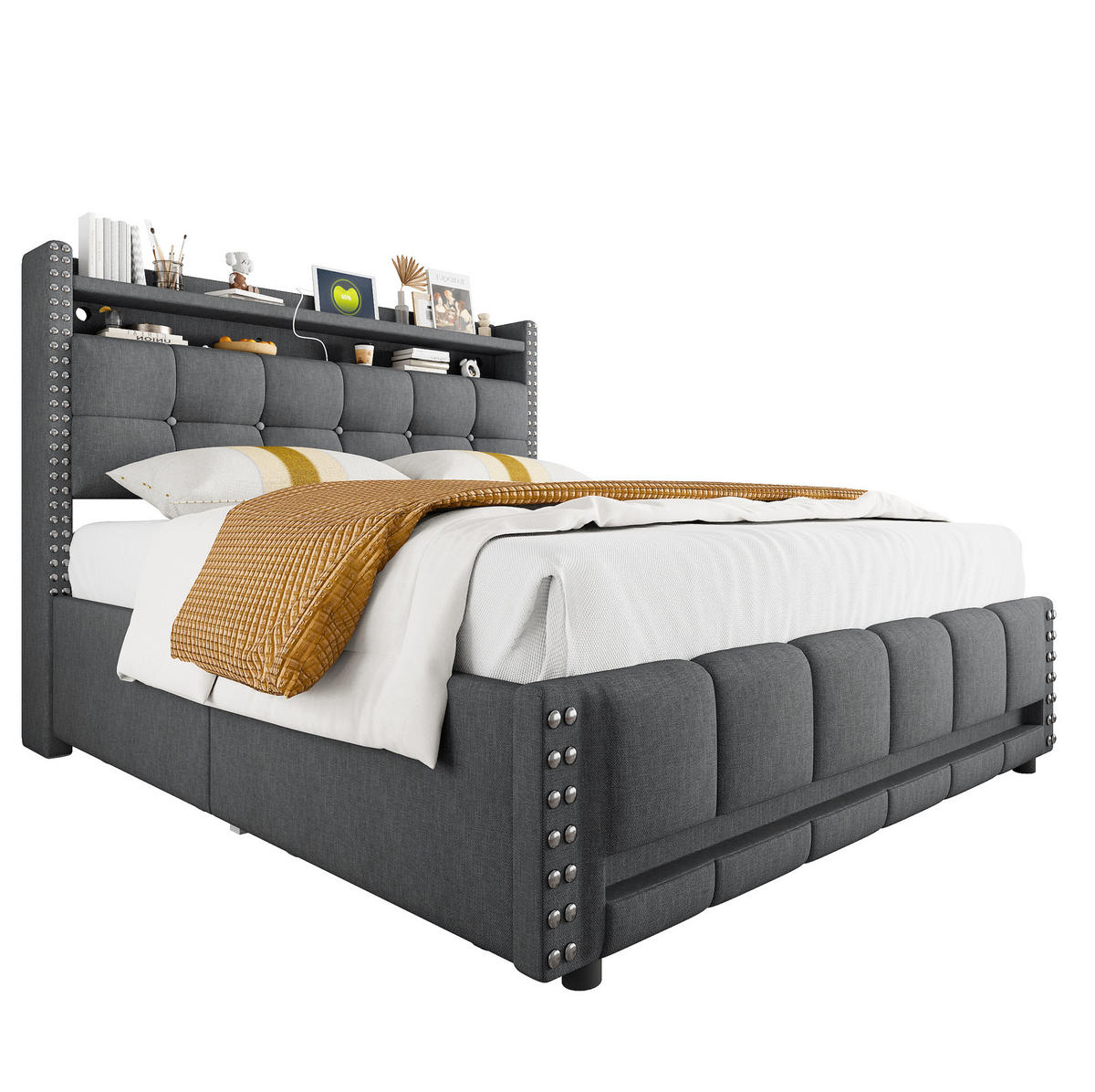 POLSTERBETT 140/200 cm grau mit LED-Beleuchtung und USB-Steckdose - Grau, Textil (140/200cm) - OKWISH