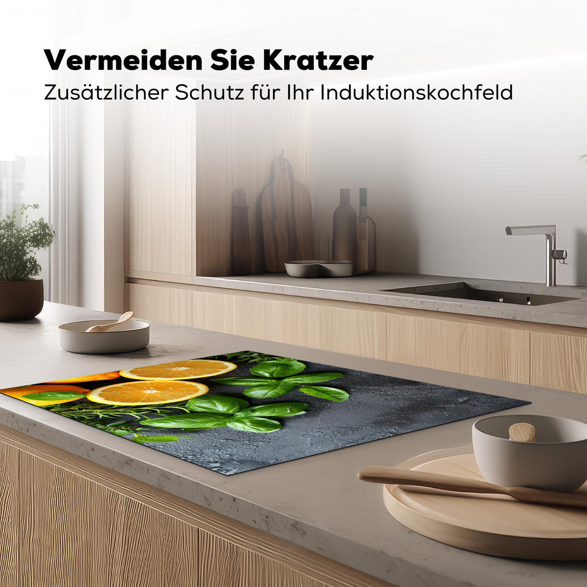 HERDABDECKPLATTE Obst - Grau - Konkret - Orange - Pflanzen Induktionsmatte 77x59 cm - Anthrazit, Kunststoff (77/59/0.2cm) - MuchoWow