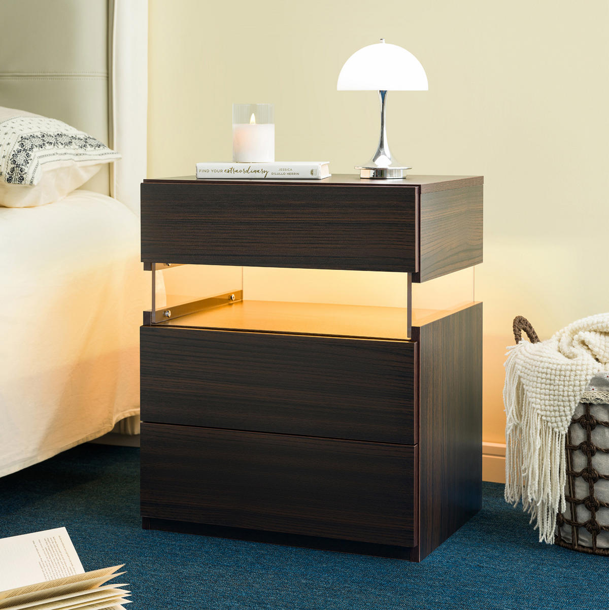 NACHTTISCH in Walnuss mit 3 Schubladen und LED-Beleuchtung,48/38/61 cm - Walnussfarben, Holzwerkstoff (38/61/48cm) - Flora Grace