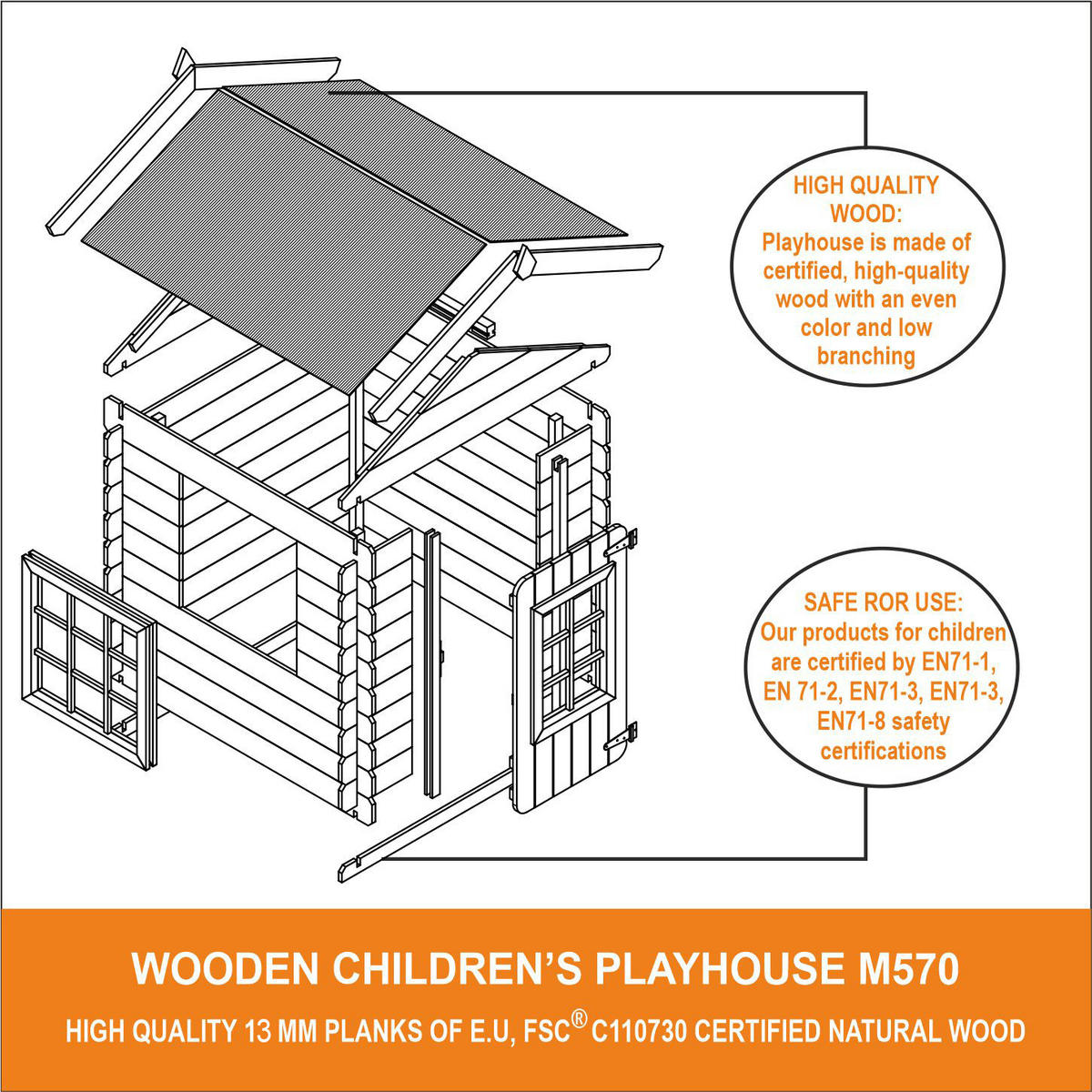 KINDERSPIELHAUS aus Holz - 111x113xH121 cm/0.9 m2 - M570M-1 - Blau/Beige, Holz (114/121/111cm) - Timbela