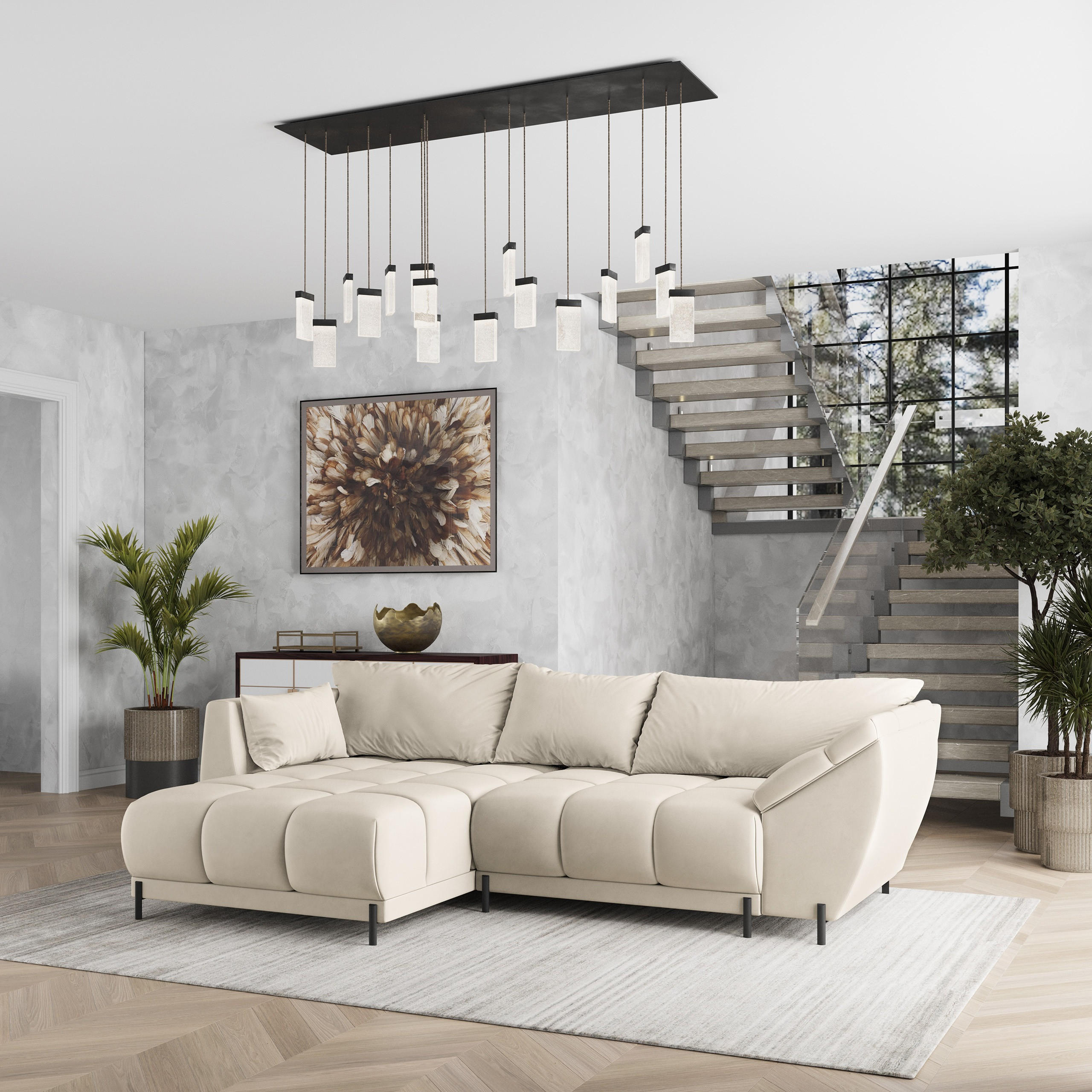 ECKSOFA VESTANO L-S Creme Velours-Stoff mit Schlaffunktion - Creme, Holz (287/182cm) - MASSENO
