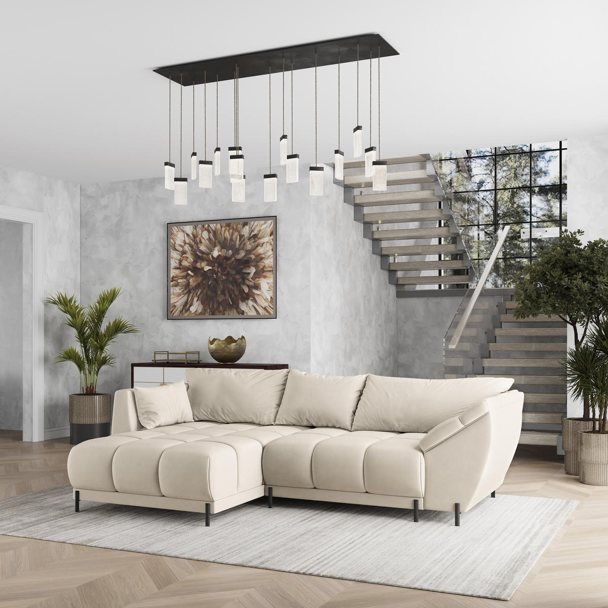 ECKSOFA VESTANO L-S Creme Velours-Stoff mit Schlaffunktion - Creme, Holz (287/182cm) - MASSENO
