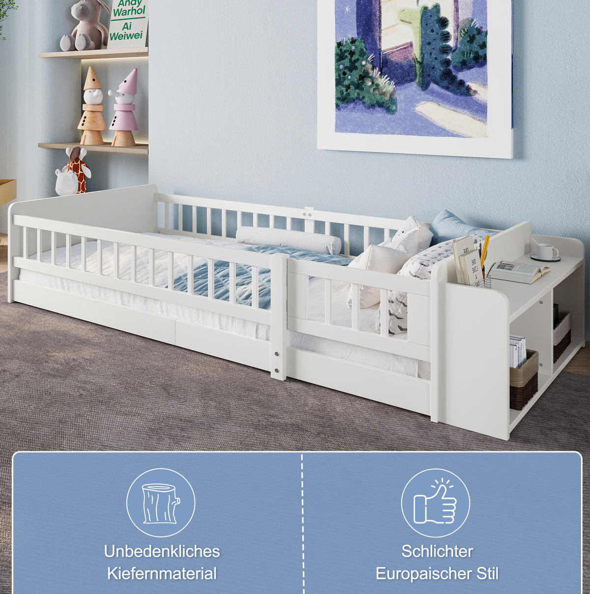 KINDERBETT 90/200 cm mit offenem Stauraum, Regalen und aufklappbarer Zauntür aus Kiefern , Weiß - Weiß, Holzwerkstoff (90/200cm) - Redom