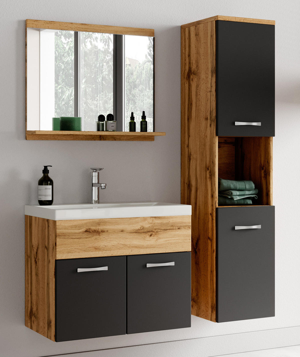 BADMÖBEL-SET Montreal 3 Teile Eiche - Schwarze Waschbecken - 60 x 35 x 51 cm - Eichefarben/Schwarz, Holz (60/51/35cm) - Badplaats