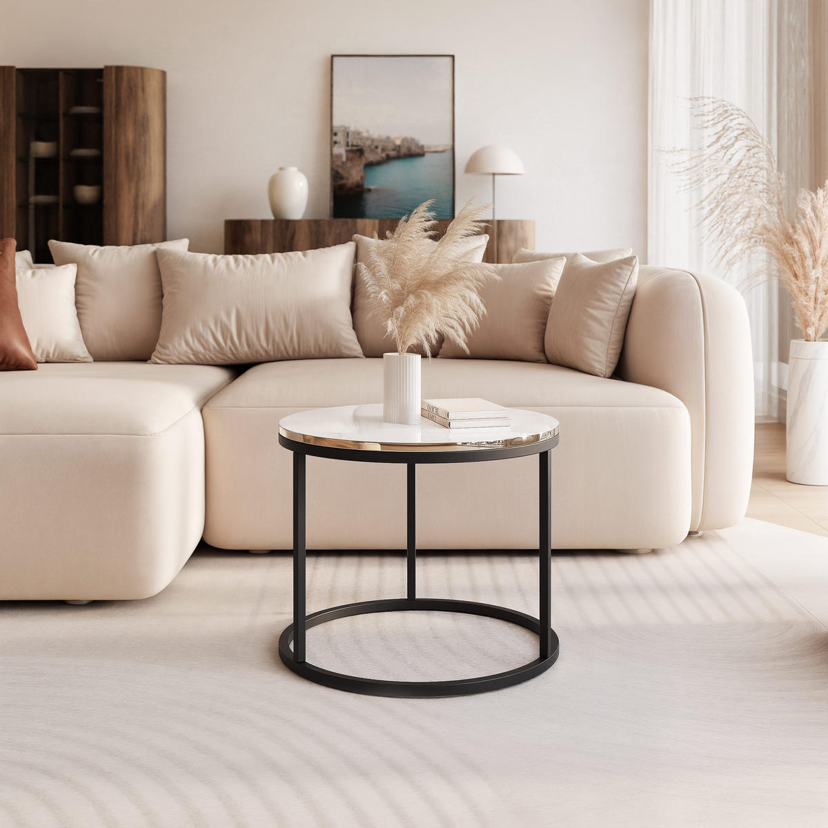 COUCHTISCH 50 cm rund Weiß Hochglanz + Gold, Schwarz Gestell - Weiß Hochglanz/Goldfarben, Holzwerkstoff (50/50/42cm) - Idohome