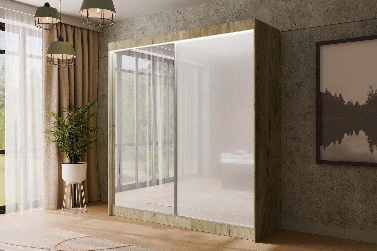 KLEIDERSCHRANK VESLI mit LED - 200 cm - Braun|Weiß - Braun/Weiß, Holzwerkstoff (200/215/61cm) - ALTDECOR