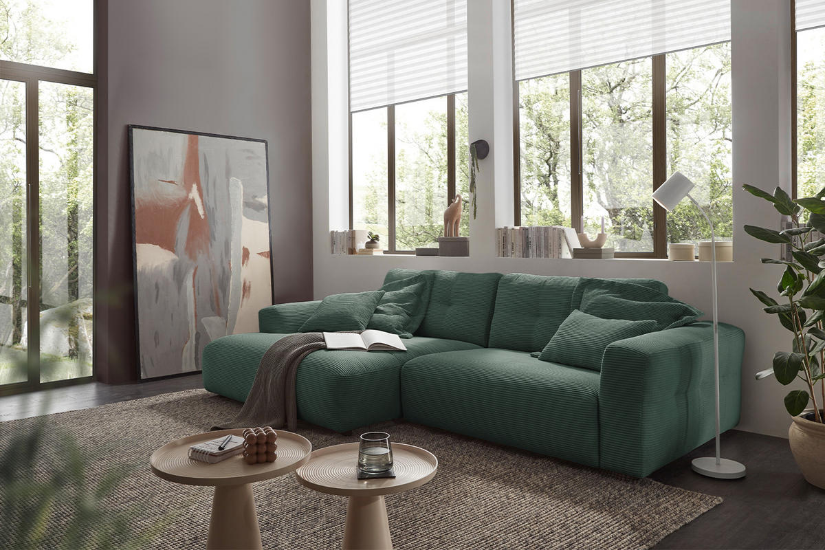 ECKSOFA XL MIKA Smaragdgrün Cord - Smaragdgrün/Schwarz, Kunststoff/Textil (296/167cm) - KAWOLA