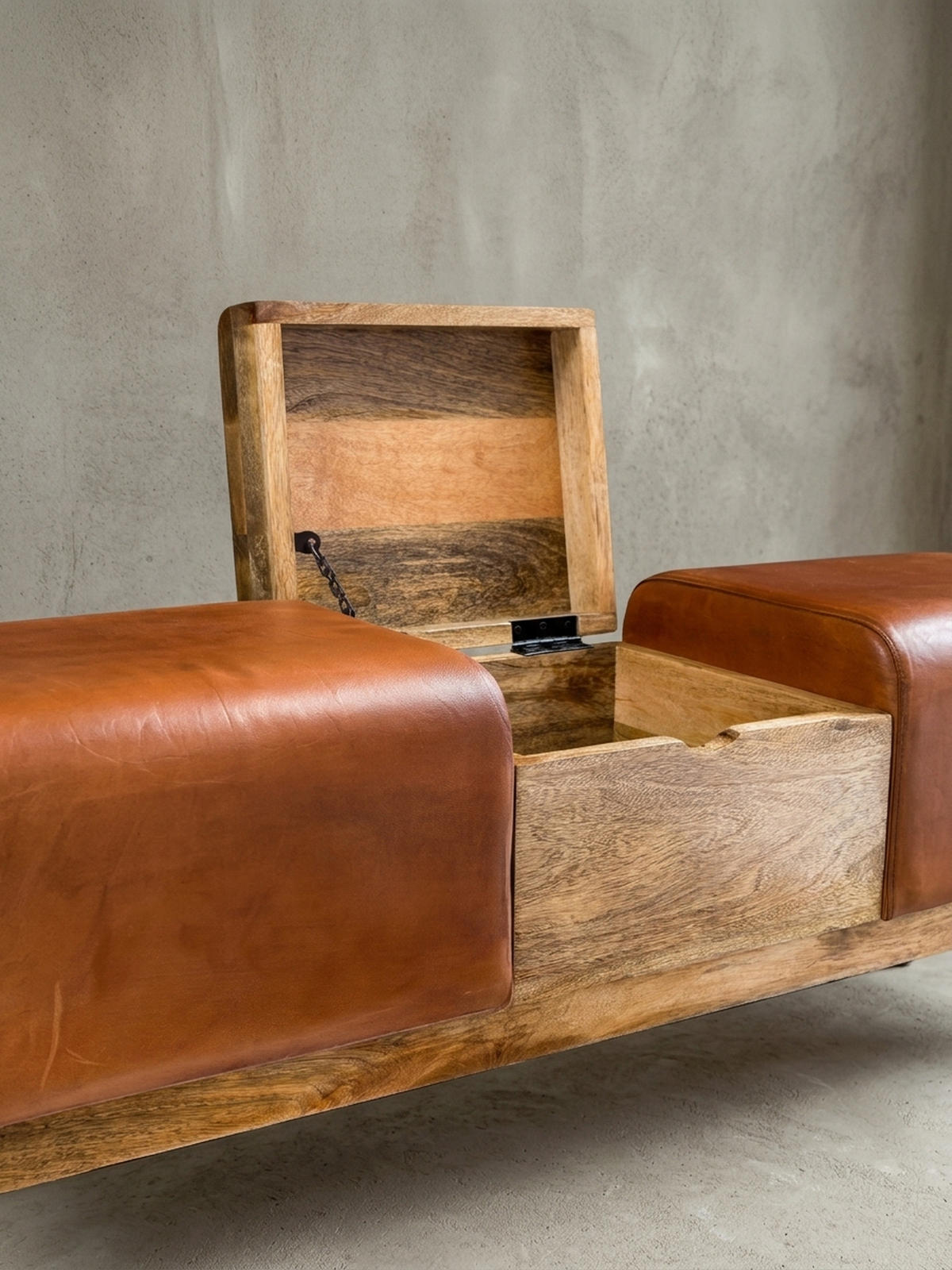 SITZBANK – Echtleder/Holz, 120 cm, Retro-Stil, mit Stauraum - Braun, Leder/Holz (120/53/29cm) - KADIMA DESIGN