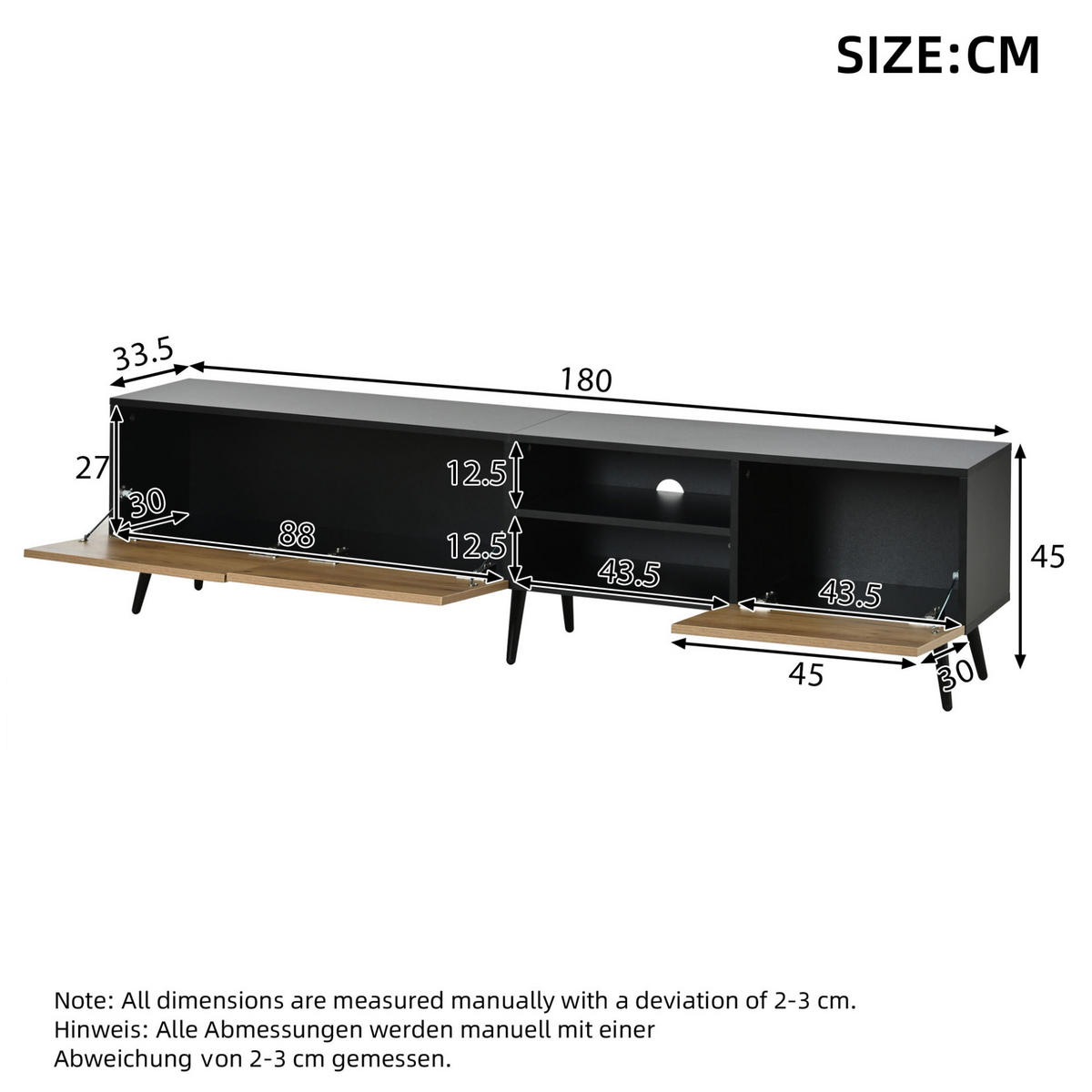 TV-LOWBOARD 180/33,5/45 cm naturfarben-schwarz aus Spanplatte mit Kabeldurchführung - Naturfarben, Holzwerkstoff (180/45/33.5cm) - OKWISH