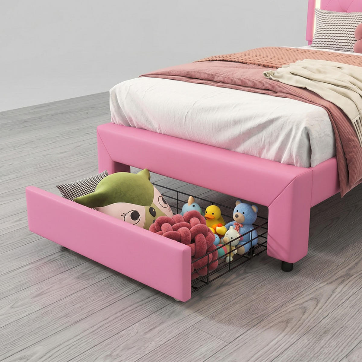 KINDERBETT 90/200 cm rosa mit Stauraum, Schublade und LED - Rosa, Holz - SHOPENTRA