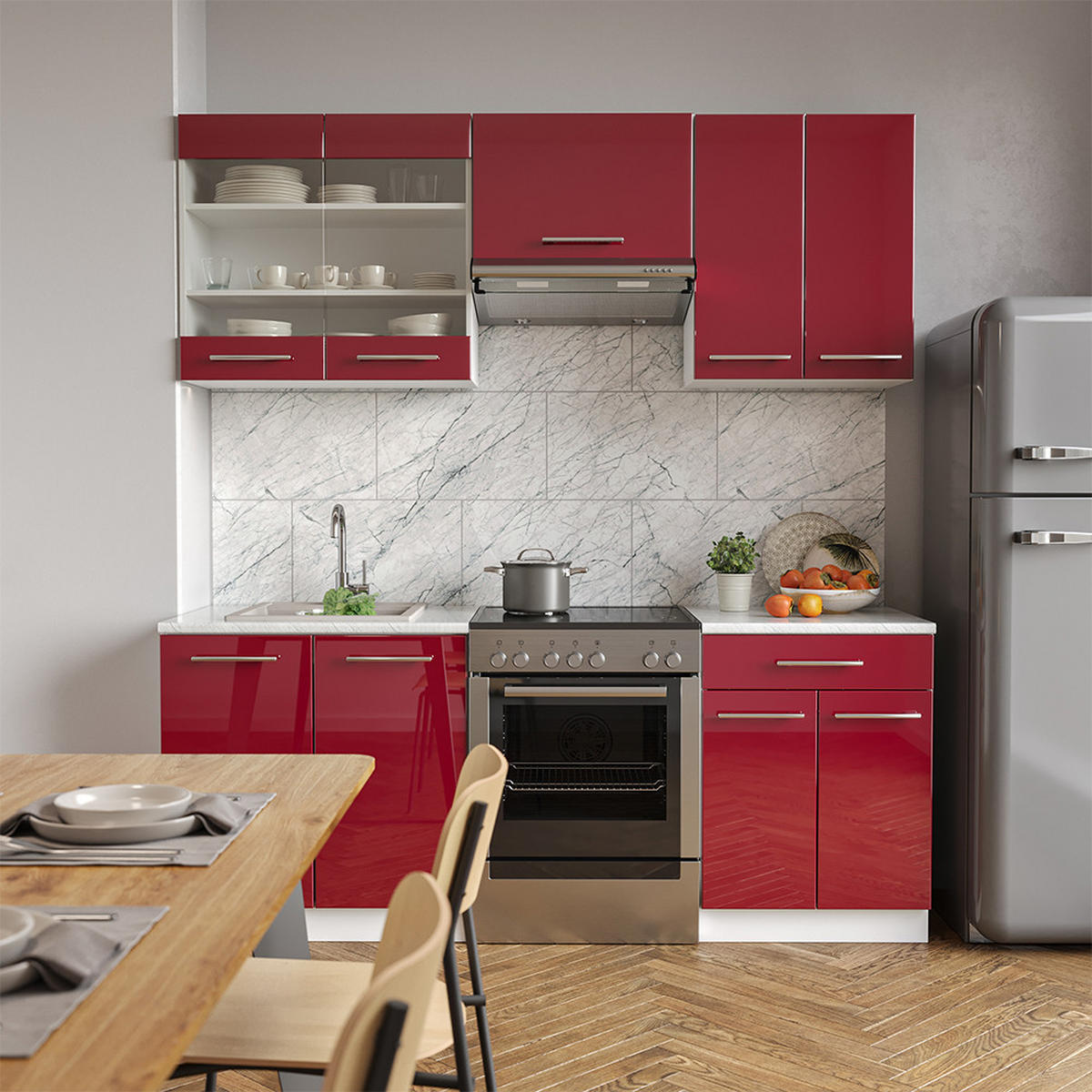 KÜCHENZEILE Fame-Line Bordeaux Hochglanz/Weiß 200 cm, AP Eiche - Bordeaux/Weiß, Holzwerkstoff (200/81.6/60cm) - Vicco