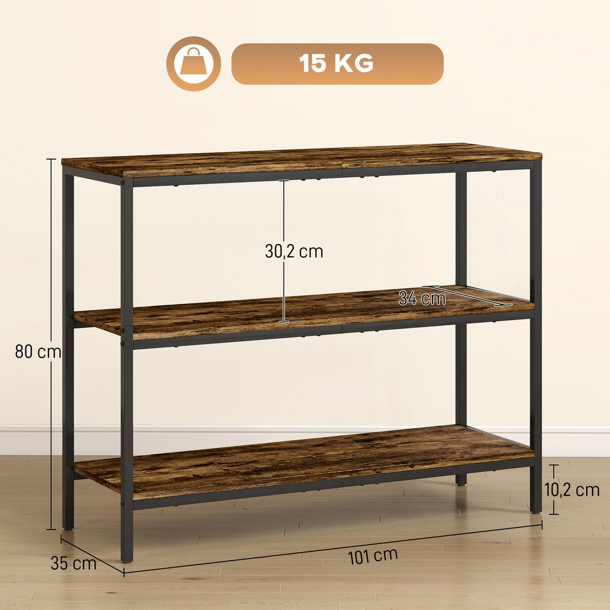 KONSOLENTISCH, Beistelltisch mit 3-stufigem Regal, Spanplatte, Metall, Hellbraun - Wildeiche, Holzwerkstoff (101/80/35cm)