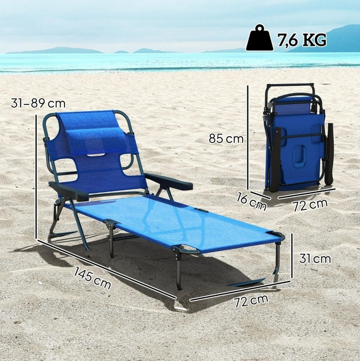 SONNENLIEGE aus Polyester 72x194x31 cm in Blau mit klappbar - Blau, Textil (72/31/194cm) - Modfu