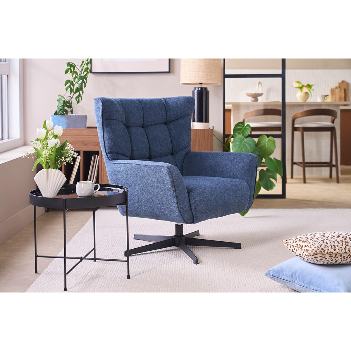 SESSEL Drehbar Dunkelblau Samteffekt Stoff Metall AVERY - Dunkelblau, Textil (82/94.5/83.5cm) - Miliboo