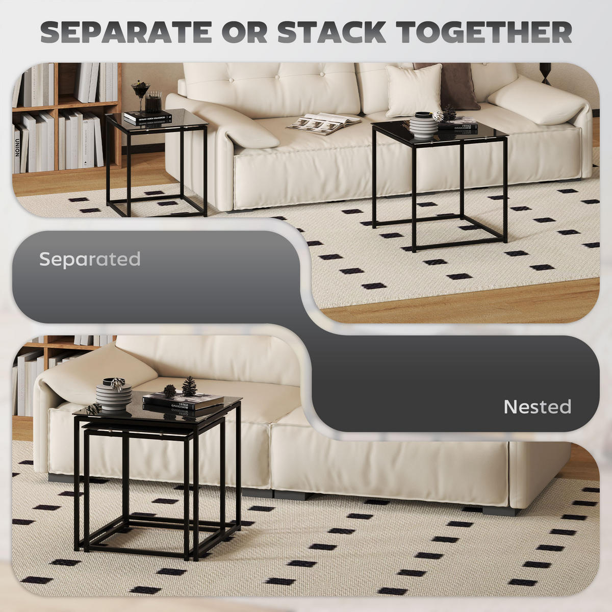 BEISTELLTISCH 50/50/52 cm Schwarz aus Stahl 2er-Set mit Glasplatte - Schwarz, Metall (50/50/52cm) - OKWISH