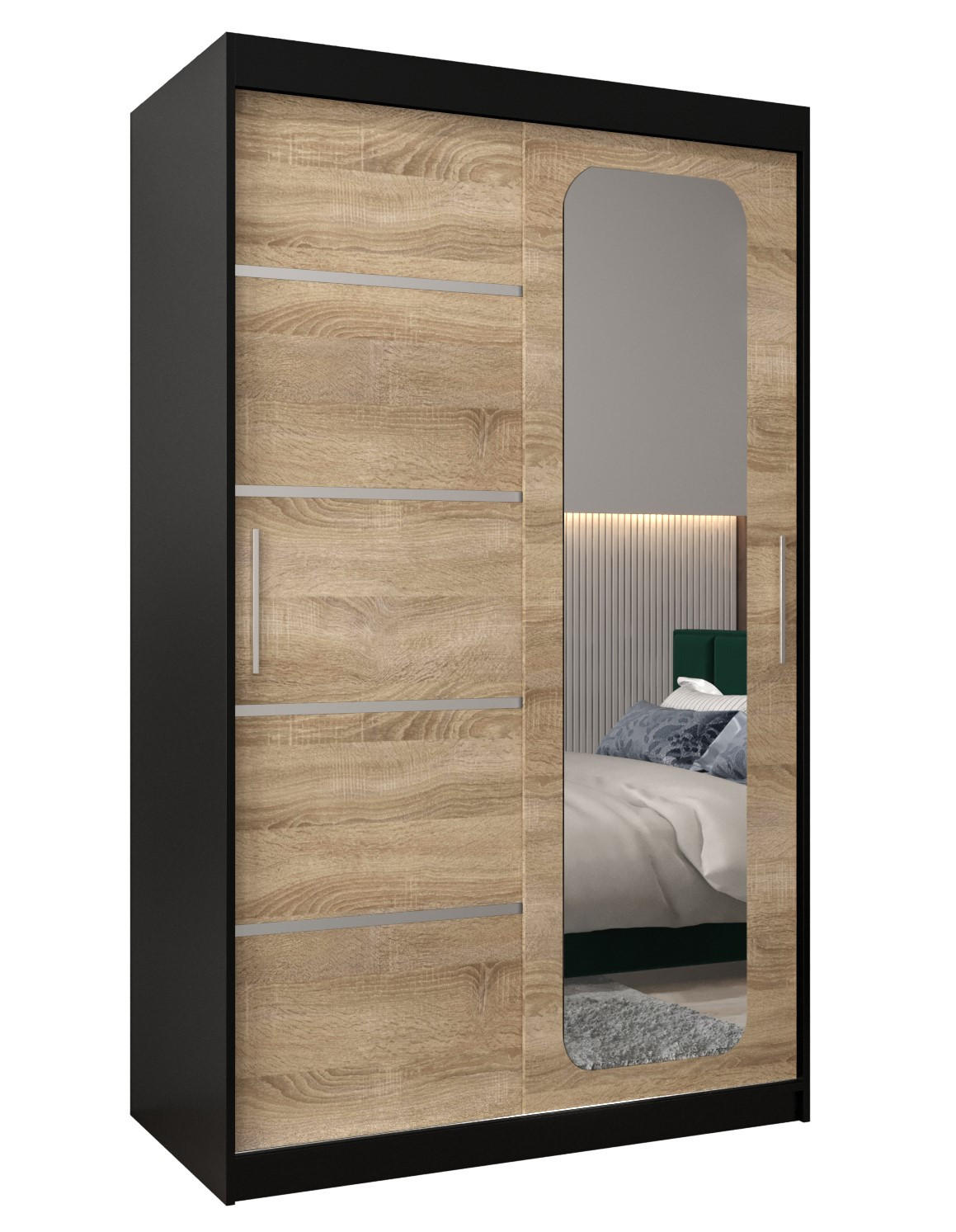 Abiks Möbel Schwebetürenschrank Schwarz, Sonoma Eiche 120x200x62 cm