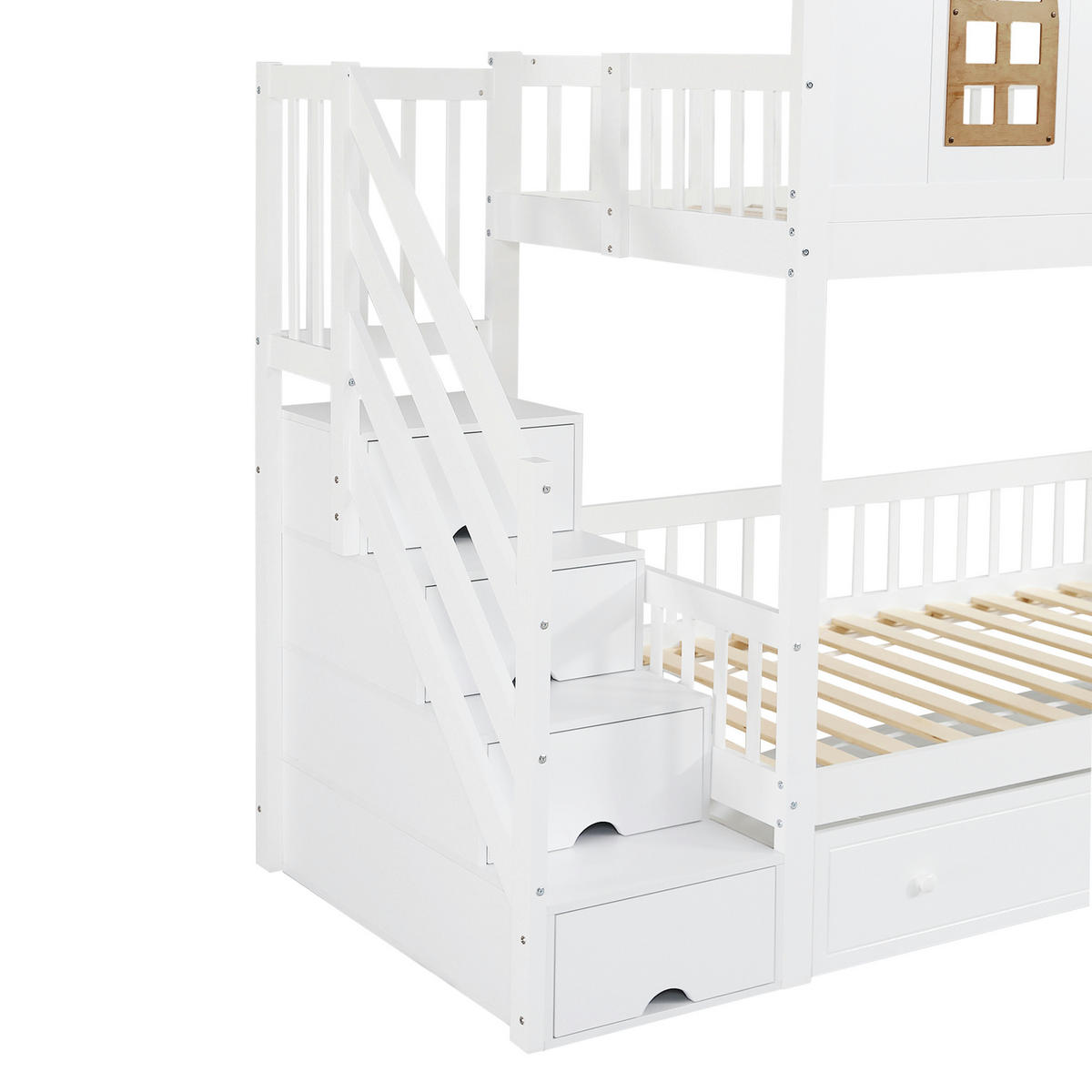 HAUSBETT 90x200cm mit Zwei Schublade in Weiß+Natur - Weiß, Holz (90/200cm) - KOMHTOM