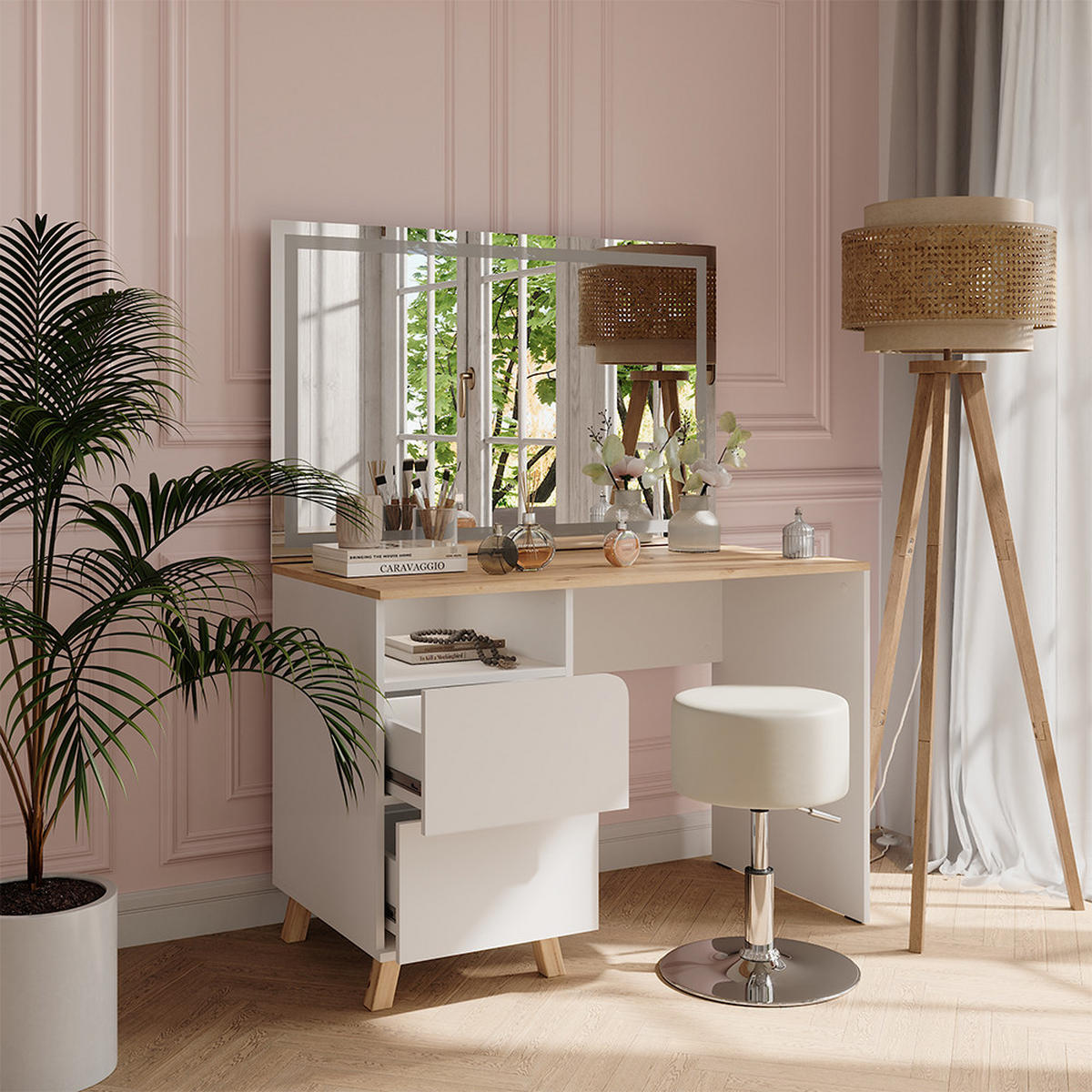 SCHMINKTISCH Karen Weiß/Artisan 110 cm mit Hocker und LED-Spiegel - Weiß/Eiche Artisan, Holzwerkstoff (110/75/55cm) - Vicco