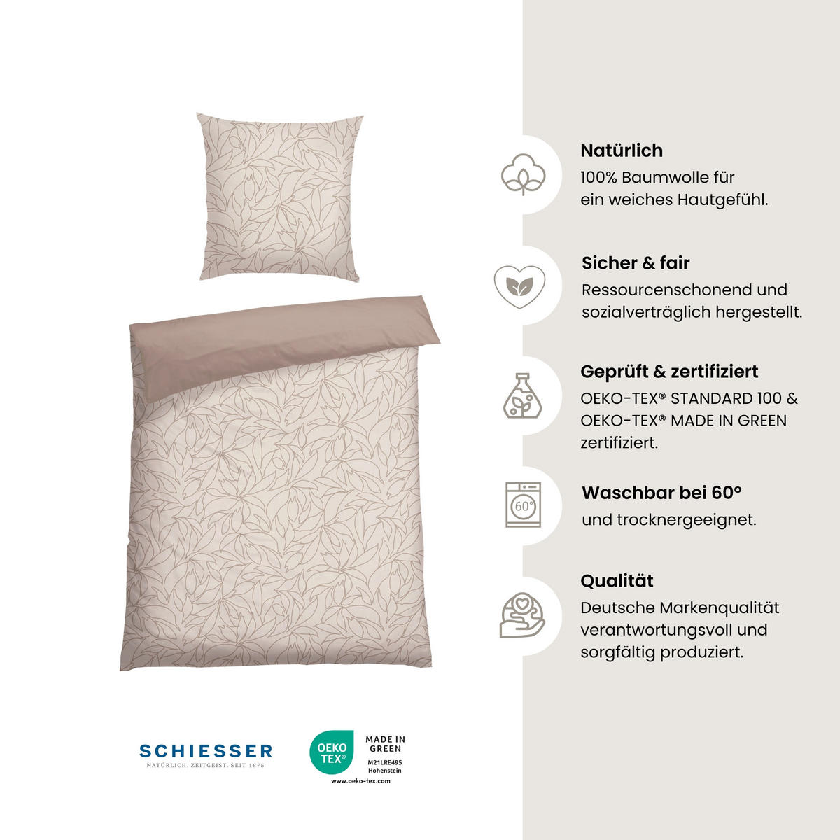 BETTWÄSCHESET Leaves - Renforcé - 2-teilig - 135 x 200 cm - Taupe - Taupe, Textil (135/200cm) - SCHIESSER