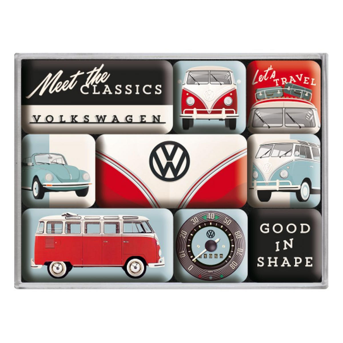 MAGNETSET 9-teilig Volkswagen VW Bulli & Beetle Meet The Classics - Multicolor, Metall (9/7/2cm) - Nostalgic-Art