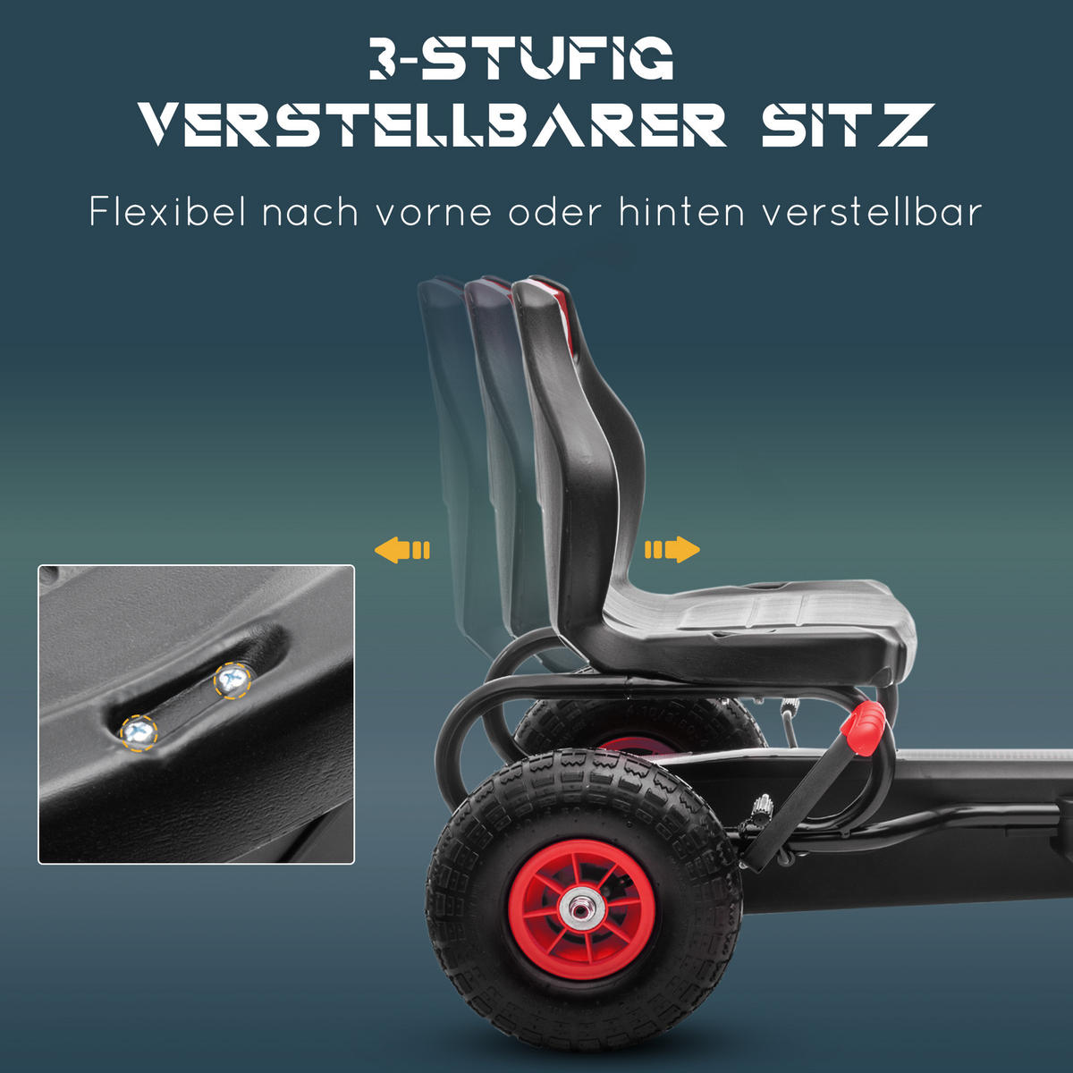 GOKART, Kinderfahrzeug mit verstellbarem Schalensitz, Tretauto, Rot+Schwarz - Rot, Metall (121/58/61cm) - HOMCOM