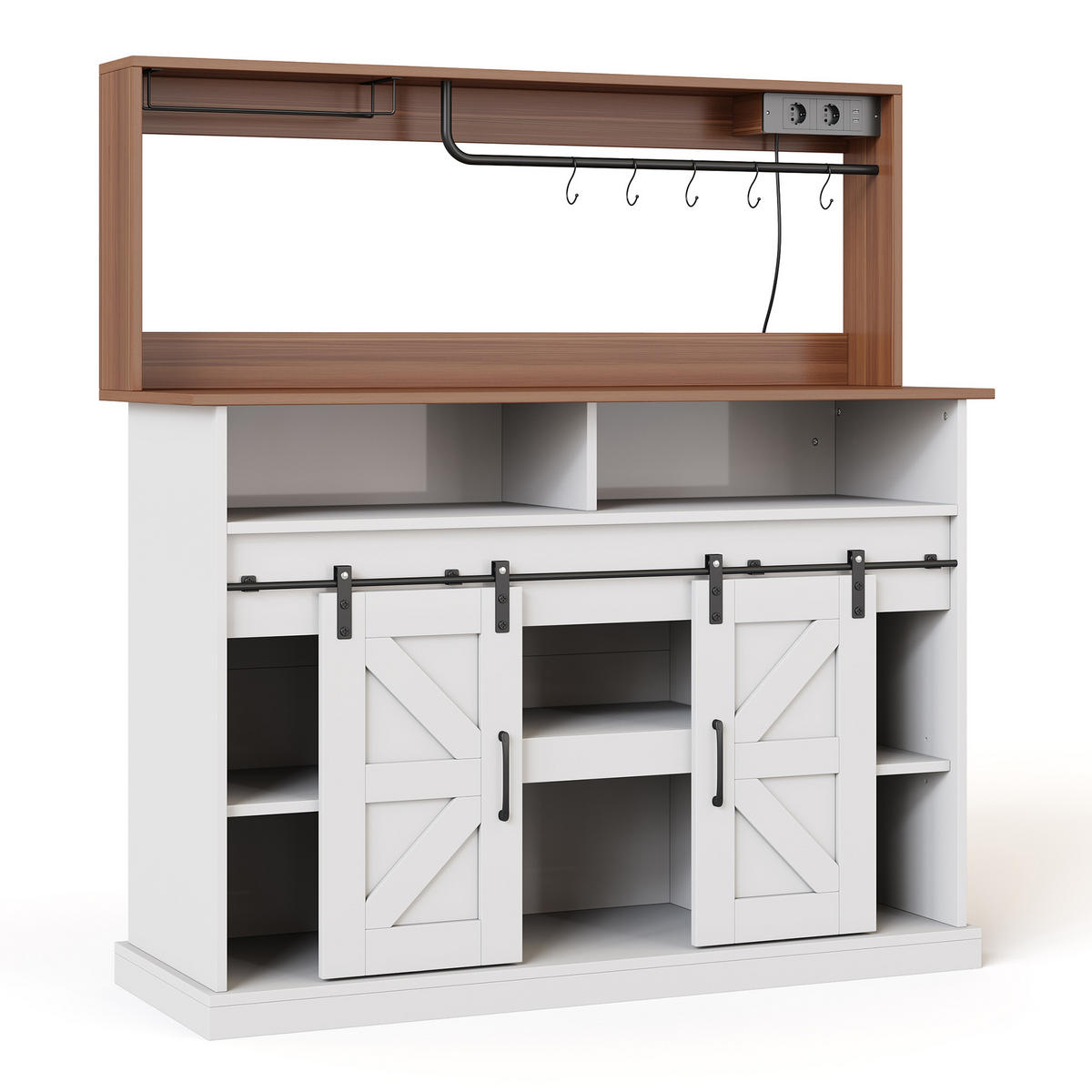 SIDEBOARD 120/40/130 cm Weiß mit Gläserhalter und Steckdosen (2×AC, 2×USB) und Stauraum - Weiß, Holz (120/130/40cm) - Oxeza