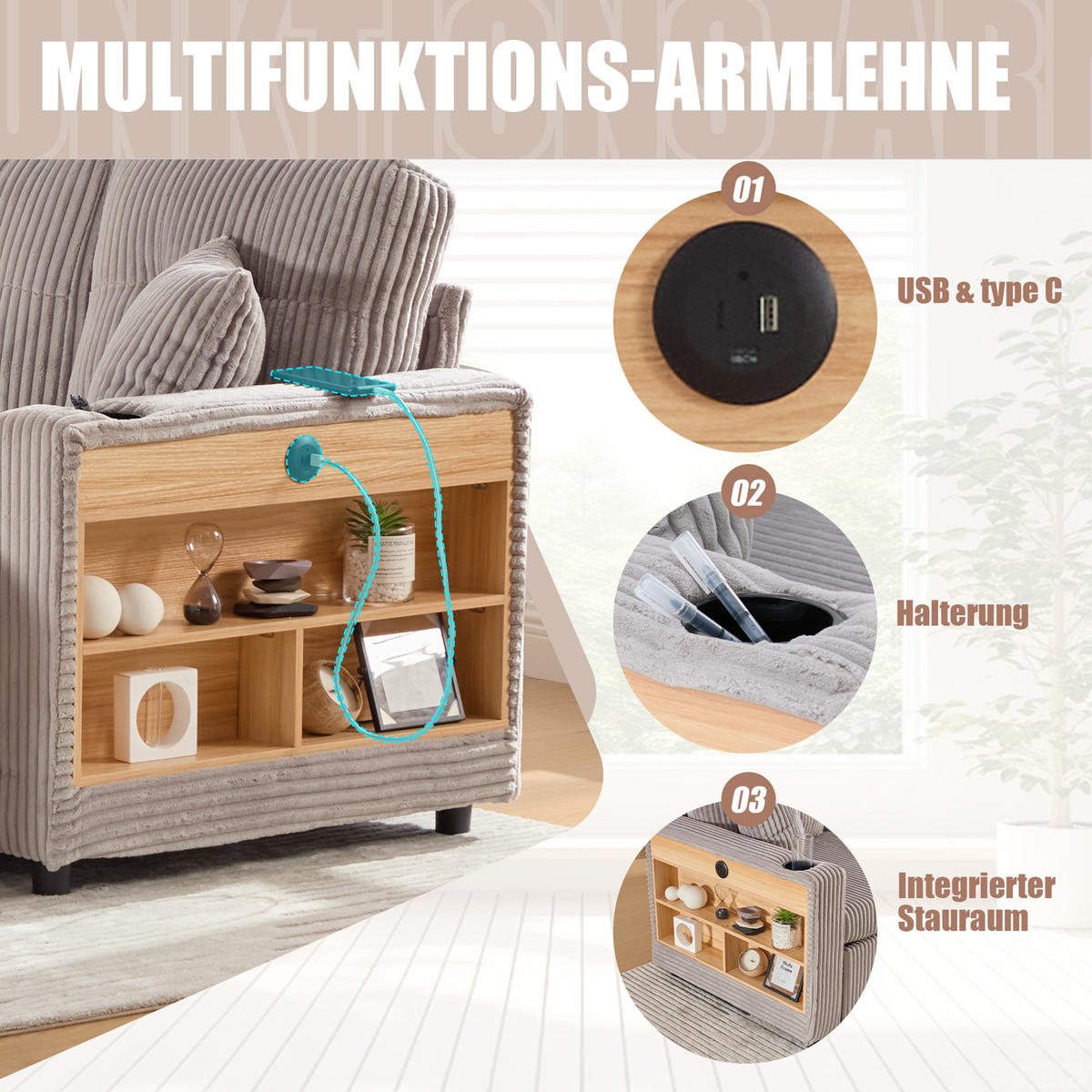 SCHLAFSOFA aus Cord mit Stauraum, Ausziehbett und USB-C - Hellgrau, Textil (196/85/82cm)
