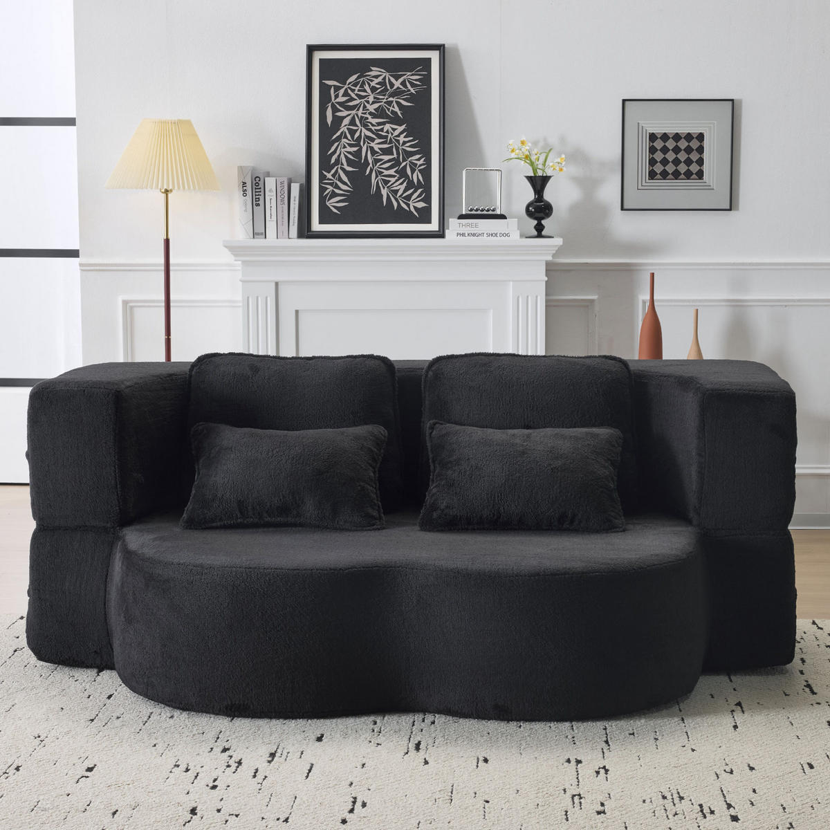 SCHLAFSOFA aus Stoff und Schaumstoff Schwarz mit 4 Kissen, klappbar, ergonomisch und sofort nutzbar - Schwarz, Textil (198/76/60cm) - Modfu