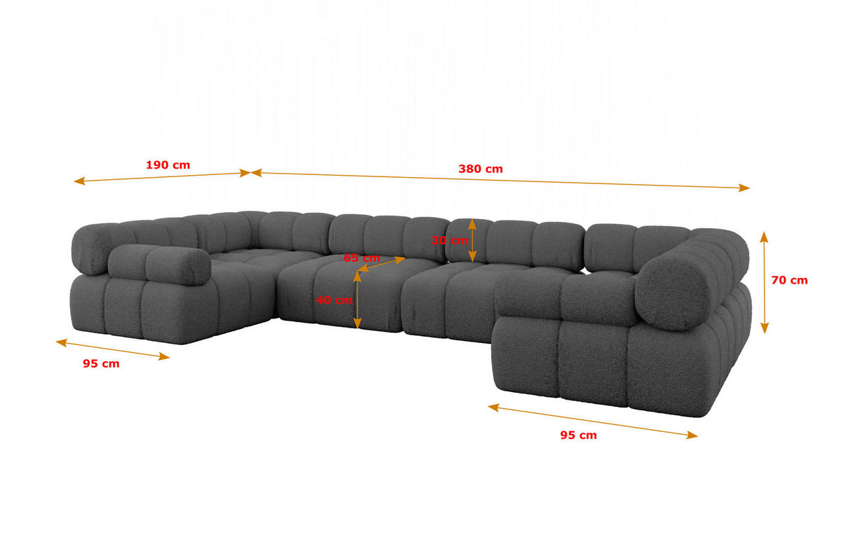 WOHNLANDSCHAFT modulares Sofa Birno-U2 - 380x190x70 cm Grau Bouclé - Grau, Holzwerkstoff/Textil (380/70/190cm) - ALTDECOR