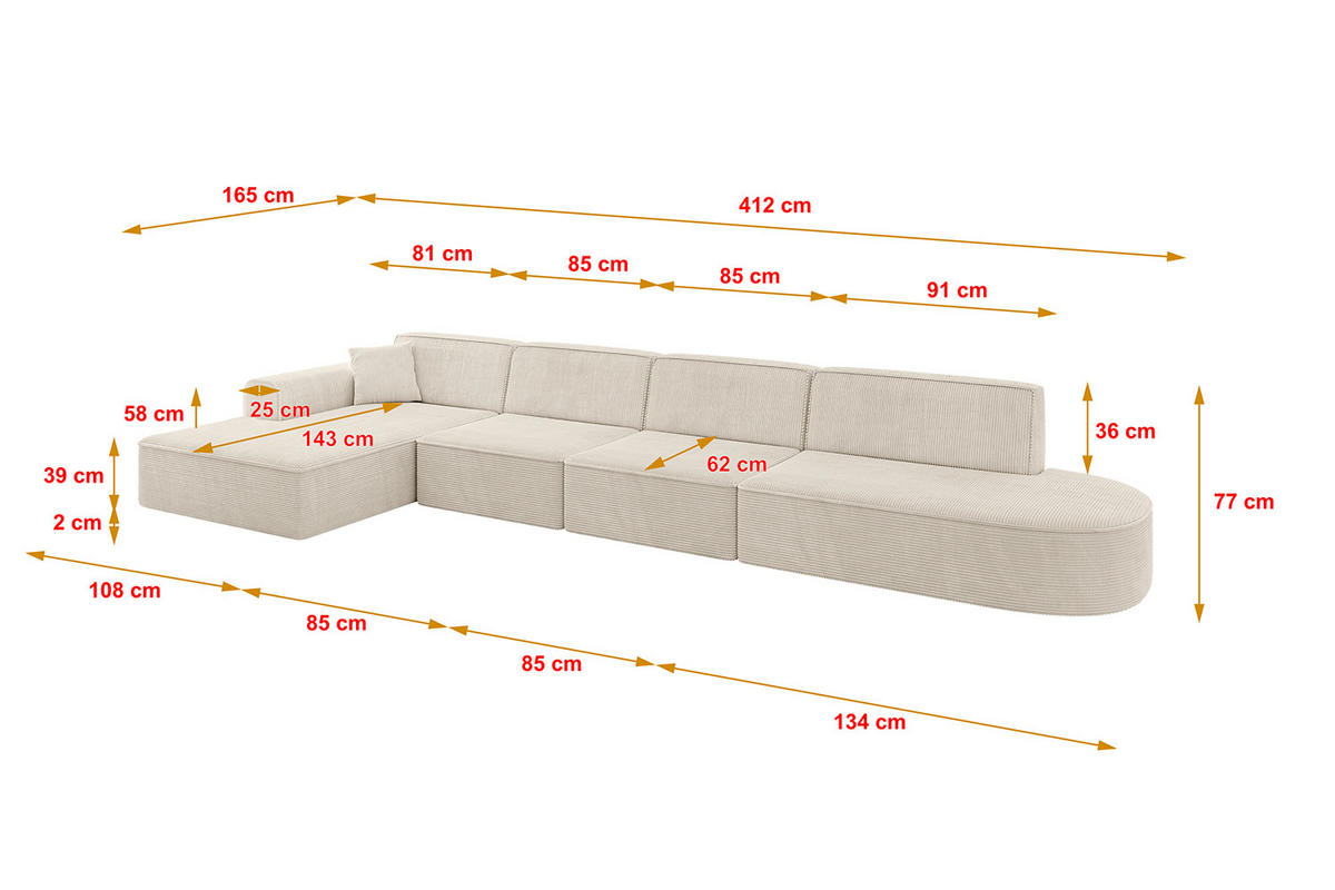 ECKSOFA Ottomane Links IREA-L3-v3 - 412x165x77 cm Beige - Beige, Holzwerkstoff/Textil (412/165cm) - ALTDECOR