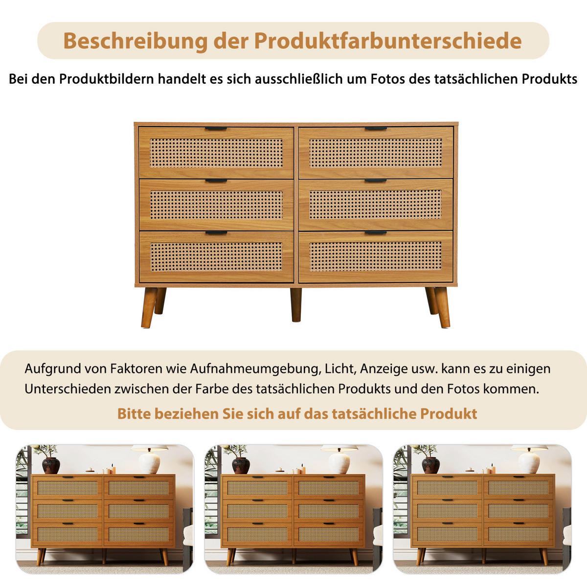 SIDEBOARD Nussbaum, 6 Schubladen, Rattanoptik, Metallgriffe - Kastanienfarben, Holz (120/76/40cm)