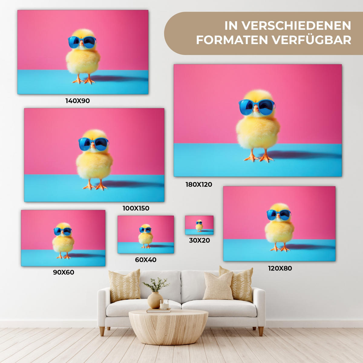 LEINWANDBILD Chick - Sonnenbrille - Blau Deko Schlafzimmer 30x20 cm - Pink/Gelb, Textil (30/20cm) - MuchoWow