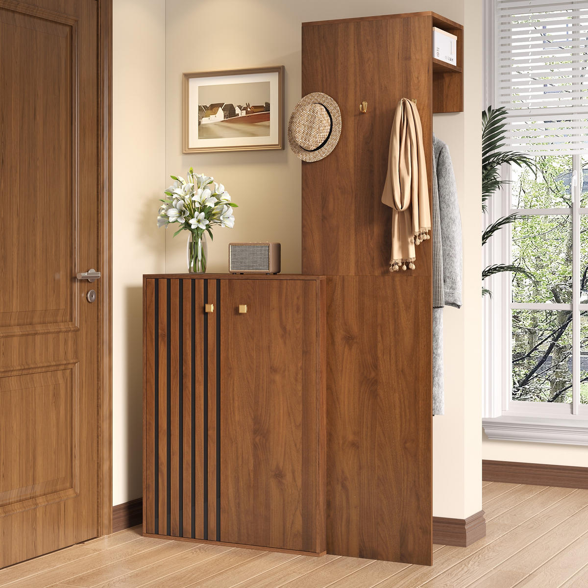 SCHUHSCHRANK aus MDF 115x38,5x191,5cm in Nussbaum mit Garderobe - Nussbaumfarben, Holzwerkstoff (115/191.5/38.5cm) - Modfu