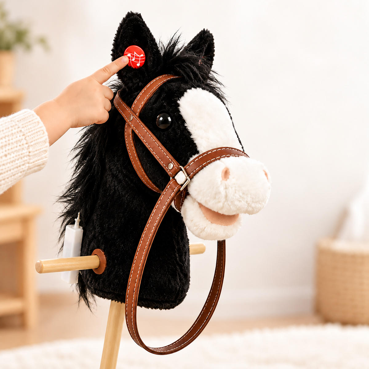 STECKENPFERD Schwarz mit Sound Plüschkopf 95 cm - Multicolor, Holz/Kunststoff (20/95/20cm) - Relaxdays