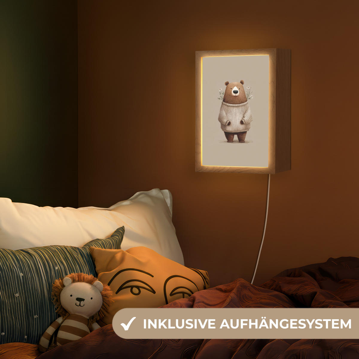 NACHTTISCHLAMPE Bär - Weiße Blumen - Gemütlich 20x30 cm - Taupe, Holzwerkstoff (8/20/30cm)