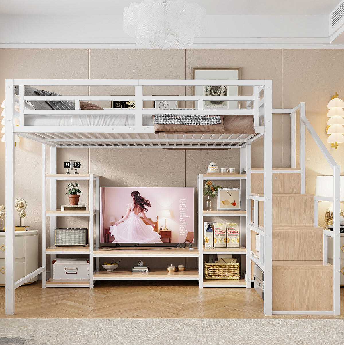 HOCHBETT 140/200 cm aus Metall mit TV-Ständer und Steckdose, Weiß - Weiß, Metall (140/200cm) - OKMYHOME